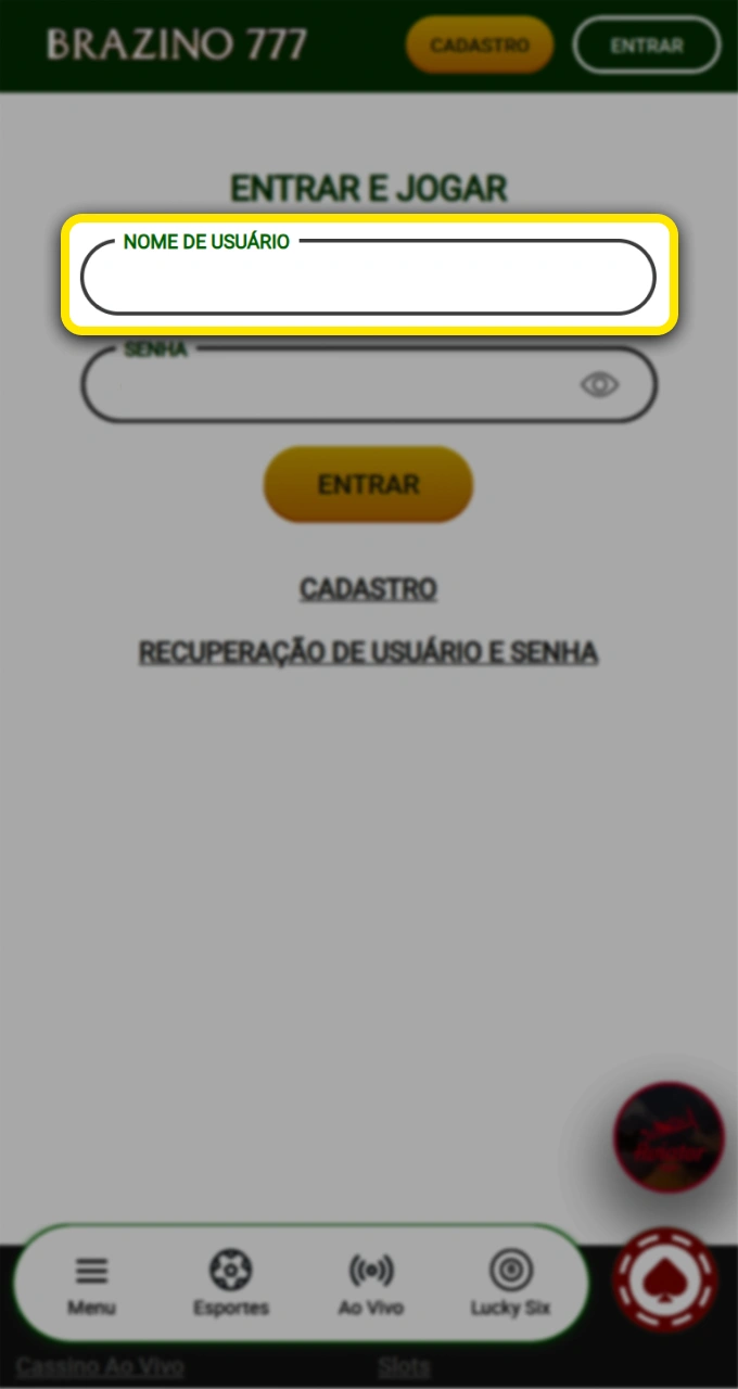 Insira seu nome de usuário no aplicativo Brazino777 para começar a fazer apostas.