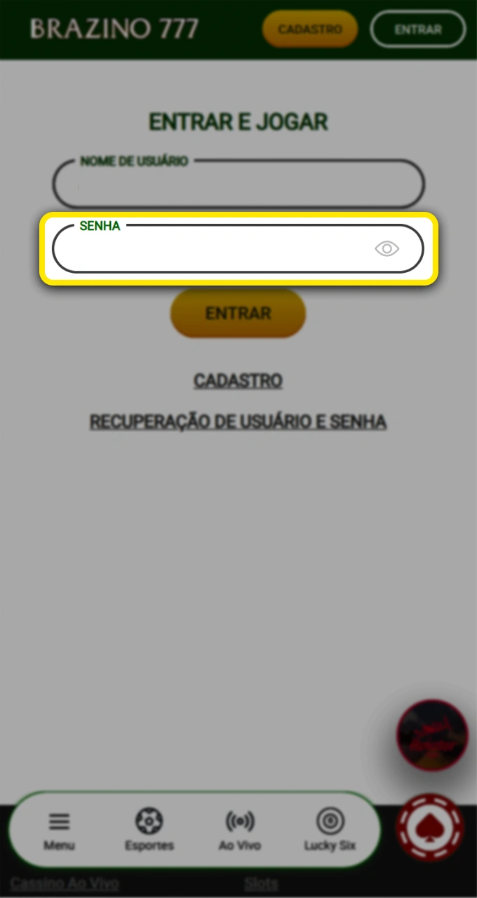Para acessar o cassino Brazino777, digite sua senha.